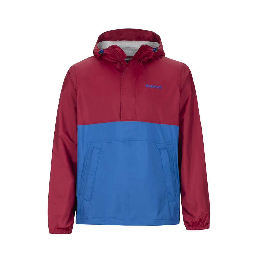 The men's Precip Anorak is a Marmot rain jacket pullover. This one is the Marmot Precip Anorak in red and blue.